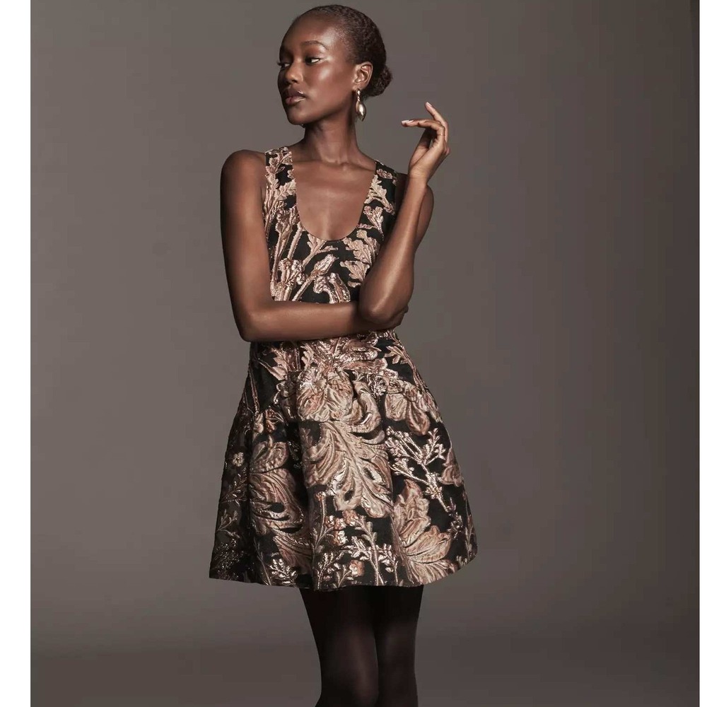 Maeve Anthropologie Brocade Drop Waist Mini Dress MP Black Gold Metallic Floral